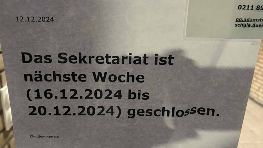 Bitte beachten Sie, dass unser Sekretariat vom 16.12. bis zum 20.12.2024 geschlossen ist.